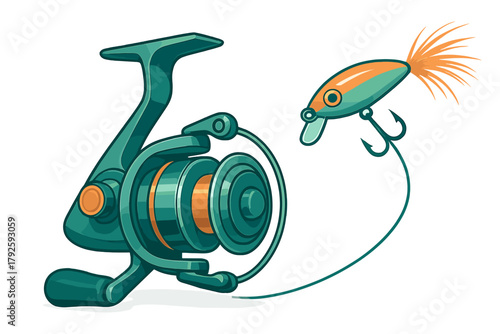 Spinning fishing reel loaded with line and bright artificial lure bait hook