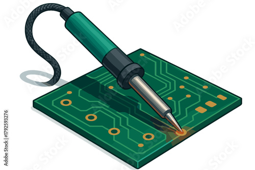 Soldering iron tip connecting to a glowing point on a green printed circuit board