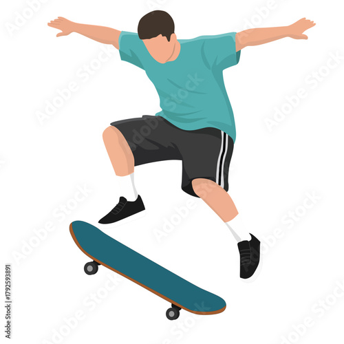 Skateboarder Performing an Ollie Trick,  Dynamic Vector Illustration of Skateboarder Jumping