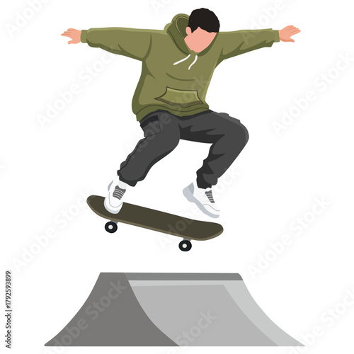 Skateboarder Launching Off a Ramp in a Hoodie,  Action Shot of Skateboarder Performing an Air Trick