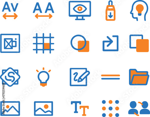 Graphic design elements in blue and orange providing diverse range of creative tools for projects with icons and symbols