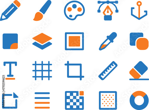 Illustration of design and editing tools featuring pencil, brush, color palette, anchor and other creative icons in blue and orange