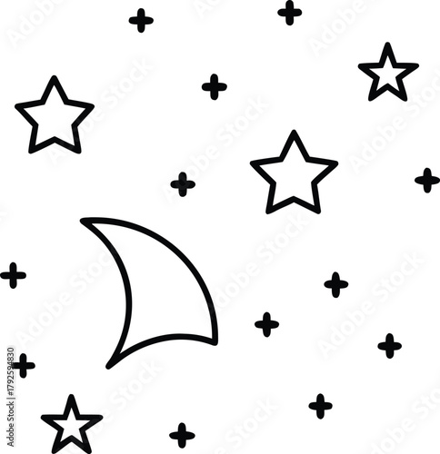 Simple Line Art of a Crescent Moon and Stars on a White Background