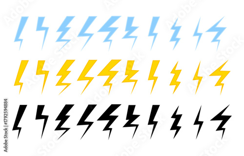 Lightning icon set PNG. Multicolored lightning and flash icons with different shapes on transparent background.