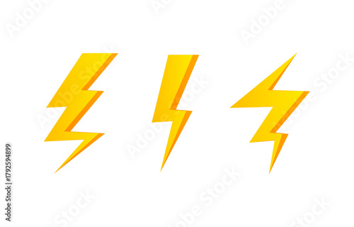 Lightning icon set PNG. Yellow lightning bolt icons with various flash shapes on a transparent background.