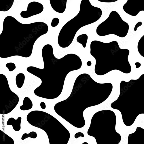 Simple cow abstract seamless pattern. Vector animal skin print, cute black dalmatian spots on white background. Natural stylized spotted texture for textile, fabric, dairy farm decor, wrapping paper.
