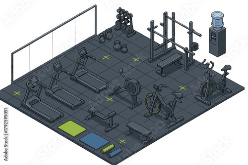 Isometric layout of a contemporary fitness studio featuring treadmills, bikes, and weight racks