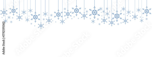 Winter holiday border or banner with pale blue hanging snowflakes of various sizes suspended by thin lines against a clean white background. Minimalist, cold-toned design suitable for winter.