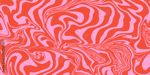 Wavy horizontal background with liquid organic shapes. Trendy vector illustration in style retro 60s, 70s. Red and pink colors
