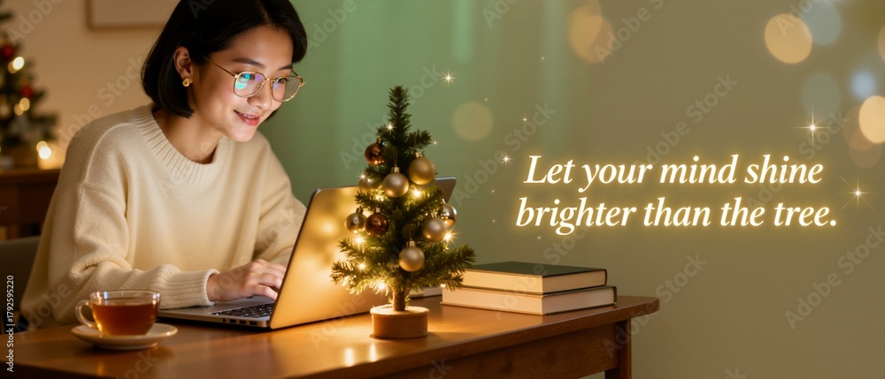 Fototapeta premium Smiling Asian woman working on a laptop at home during the Christmas holidays. Young student studying online with a festive decorated tree on the desk. Inspirational banner with copy space
