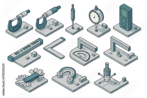 Precision measuring instruments set in isometric view including micrometers, gauges, and technical tools