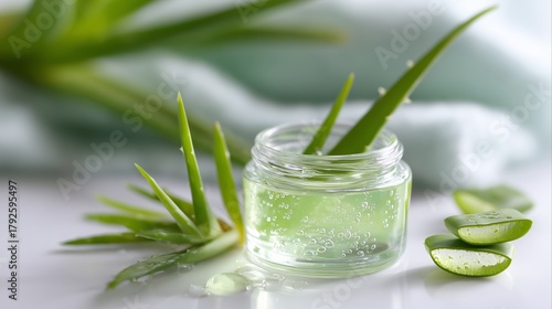 Fresh aloe vera leaves and gel in a small jar for natural skincare routine at home