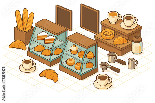 Cozy bakery counter in isometric view featuring fresh pastries, coffee, and display cases