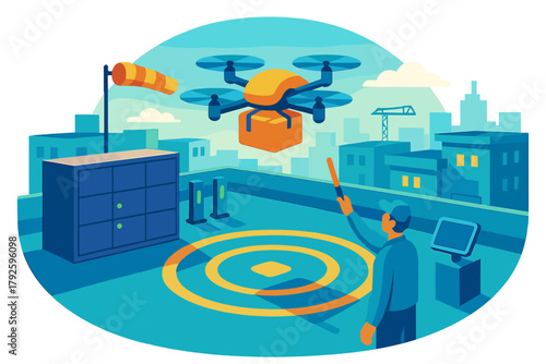 Logistics worker operating a delivery drone landing a package on a city rooftop platform