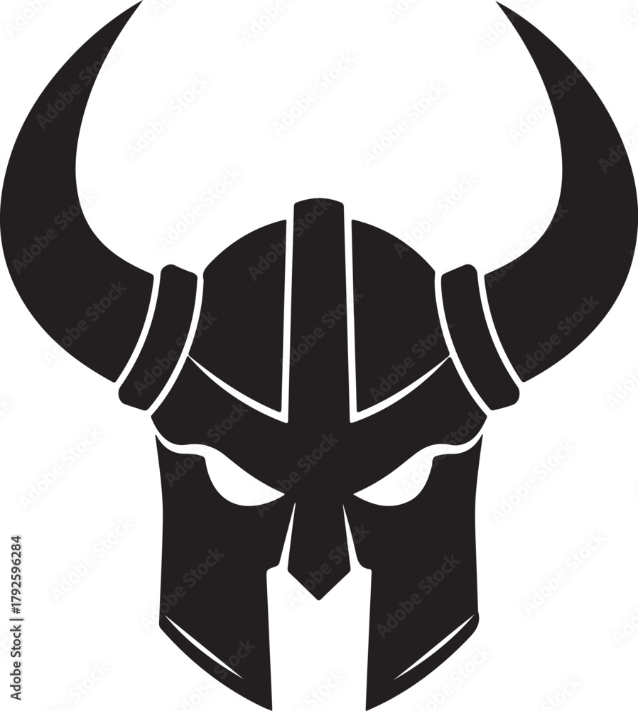 Obraz premium Powerful Black Silhouette of a Horned Warrior Helmet Vector Illustration