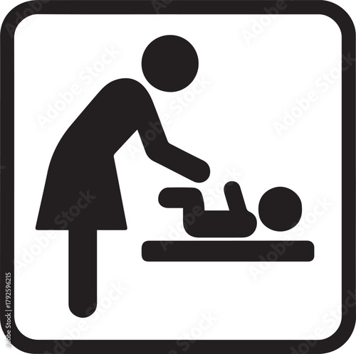 A black and white pictogram indicating a baby changing facility. It shows an adult tending to a baby on a changing table.