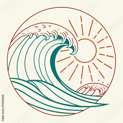 Minimal wave + sun fusion logo where a single curved line forms both an ocean wave and a rising sun, clean orange and teal palette, symbolizing calm energy and new beginnings.
