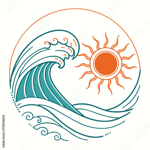 Minimal wave + sun fusion logo where a single curved line forms both an ocean wave and a rising sun, clean orange and teal palette, symbolizing calm energy and new beginnings.