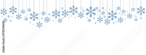 Winter holiday border or banner with pale blue hanging snowflakes of various sizes suspended by thin lines against a clean white background. Minimalist, cold-toned design suitable for winter.