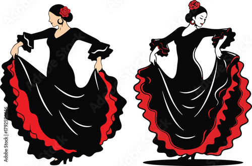 Passionate Female Flamenco Performer Holding Ruffled Skirt Silhouette Art
