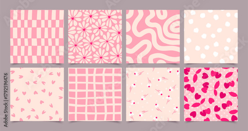 Cute pink hand drawn heart seamless pattern set. Vector love hearts, flowers, cherry texture on soft pink background. Valentines day wallpaper, abstract minimal design collection for fabric, decor.