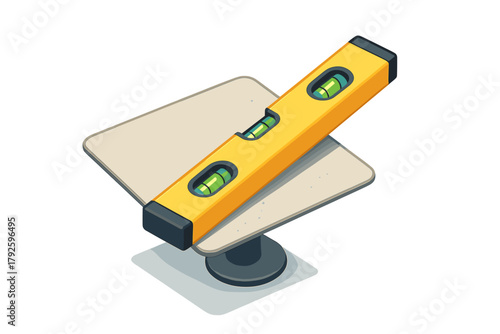 Bright yellow spirit level resting on an unstable surface indicating imbalance