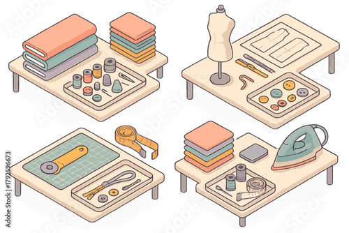 Isometric collection of essential sewing and tailoring equipment with fabric, thread, buttons, and dress form