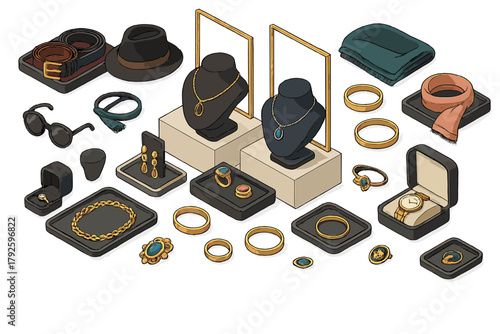 Isometric display of luxury jewelry, gold rings, necklaces, and fashion accessories
