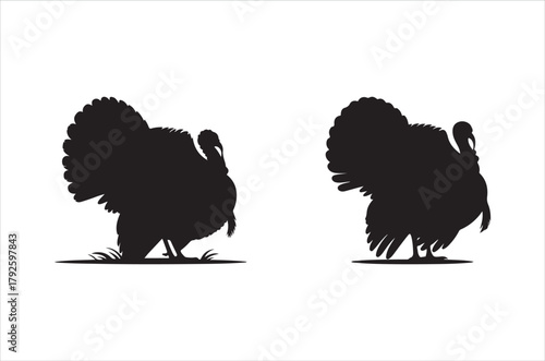 Two black silhouettes of turkeys standing with heads lowered in profile