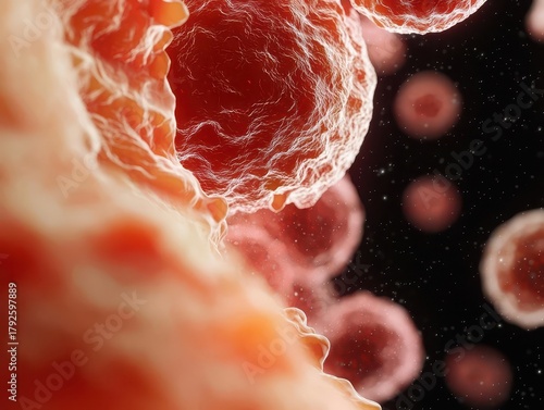 Microscope view of influenza virus replicating inside human cells, science visual for awareness