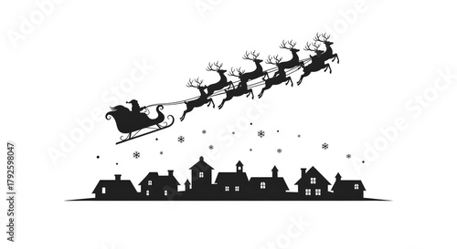 Santa's Sleigh Flying Over Town, isolated on transparent background