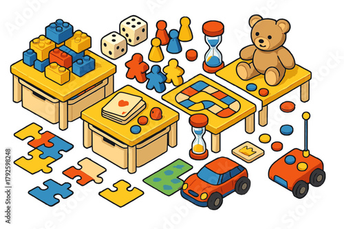 Variety of childhood playthings and tabletop game components in isometric view