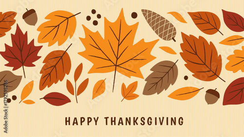 Happy Thanksgiving day horizontal vector, banner, card, printable with acorns, berries, plants, text, fall leaves background, illustration of autumn, floral elements holiday clipart for web, poster