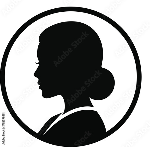 A black silhouette of a woman's profile, styled with her hair in a bun, enclosed within a circular border.