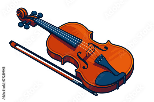 Classic wooden violin musical instrument with bow for classical music performance