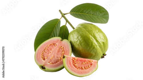 Pink Guava Fruit With Leaves isolated on a transparent background