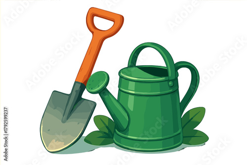 Brightly colored gardening equipment featuring a shovel and a traditional green watering can