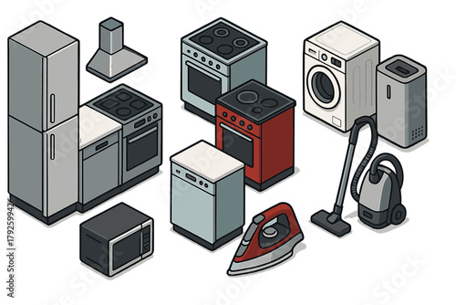 Comprehensive collection of essential kitchen and home electrical appliances in isometric view