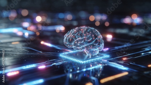 The harmonic convergence of ai: bridging the gap with technology. High-tech network. Subtle shift of perspective: metallic brain on blue circuit paths in ai's realm. Intelligent network.