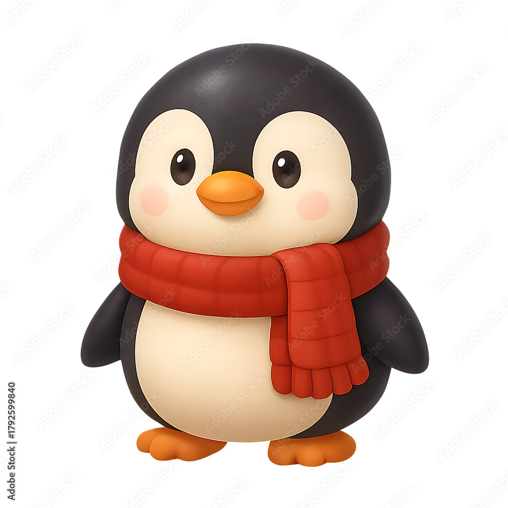 Fototapeta premium Penguin with red scarf in 3d cartoon style isolated on white background