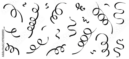 Black serpentine elements and curling ribbons. Festive confetti decoration for party, celebration, birthday, New Year, and Christmas design projects