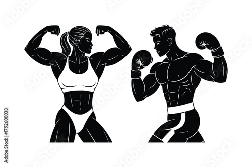 Silhouettes of a muscular woman and a boxer flexing their muscles