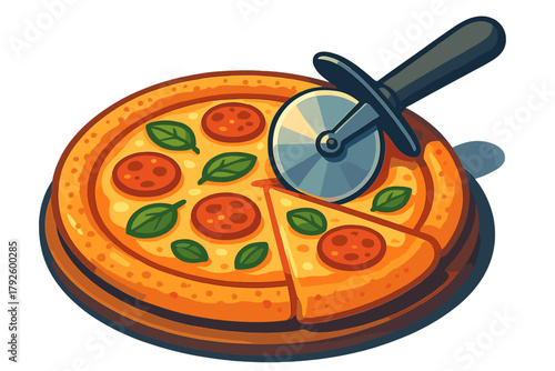 Classic round pizza topped with pepperoni and fresh basil being sliced by a wheel knife
