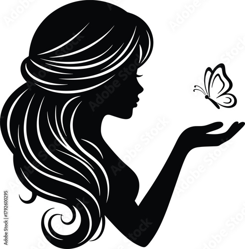 Woman silhouette with flowing hair and butterfly, vector illustration for beauty, nature connection, emotional storytelling, and editorial wellness content