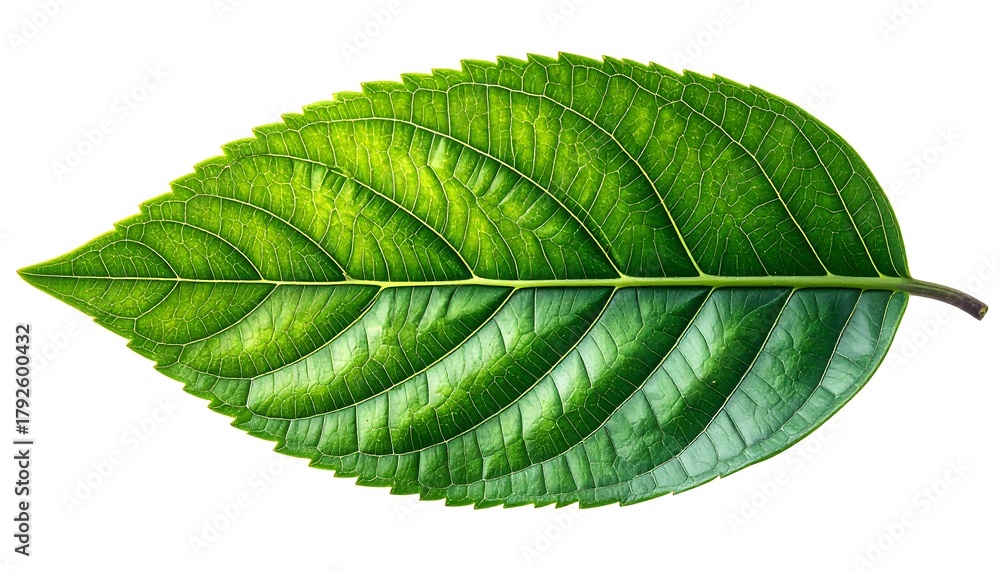 Obraz premium Vivid close-up of a single, vibrant green leaf with intricate vein details against a clean white background. The light catches the leaf's texture