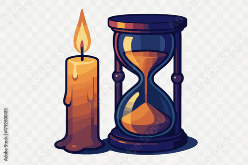 Classic hourglass timer next to a burning wax candle flame measuring duration