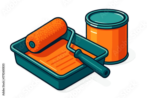 Bright orange paint roller and tray next to a sealed can of paint for renovation and decorating