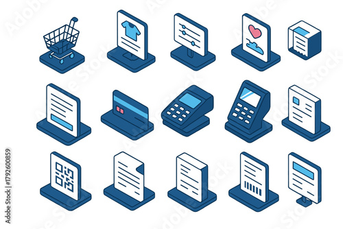 Isometric collection of e-commerce and shopping symbols: payment terminals, credit cards, shopping cart, documents