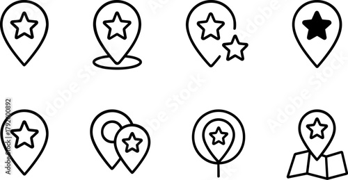 Location and navigation icons set. Map pin, route, destination, global positioning. Outline vector illustrations