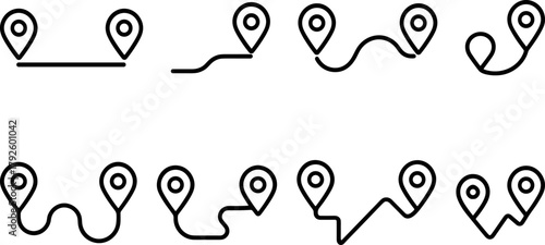 Location and navigation icons set. Map pin, route, destination, global positioning. Outline vector illustrations